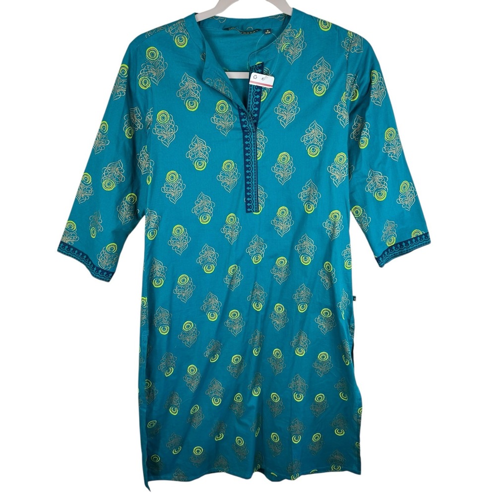 Avaasa NWT 100% Cotton‎ Teal Yellow Pattern 3/4 Sleeve Neck Tunic Blouse Bold S